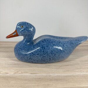 VTG Ceramic Duck Figurine Calico Cobalt Blue Decoy Statue 12" China‎ Cottagecore